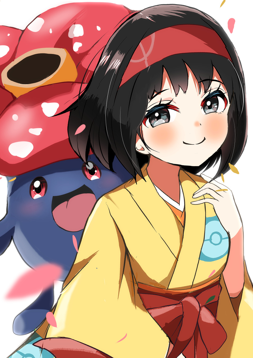 1girl, absurdres, black_eyes, black_hair, carrot_summer, closed_mouth, erika_(pokemon), hairband