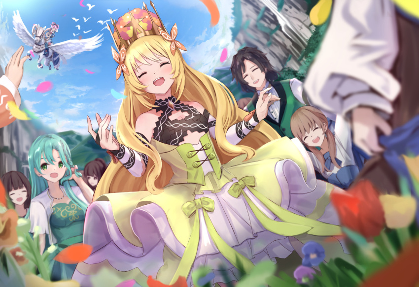 1boy, 6+girls, :d, aqua_hair, bare_shoulders, bird, blonde_hair, bow, braid, brown_hair, butterfly_hair_ornament, celine_(fire_emblem), chloe_(fire_emblem), closed_eyes, crown, detached_sleeves, dress, dress_bow, fire_emblem, fire_emblem_engage, flower, green_bow, green_eyes, green_vest, hair_flower, hair_ornament, highres, hortensia_(fire_emblem), it_ai, long_hair, long_sleeves, louis_(fire_emblem), multiple_girls, open_mouth, orange_bow, pegasus, petals, shirt, short_hair, single_braid, smile, teeth, upper_teeth_only, very_long_hair, vest, white_shirt, wrist_bow, yellow_dress