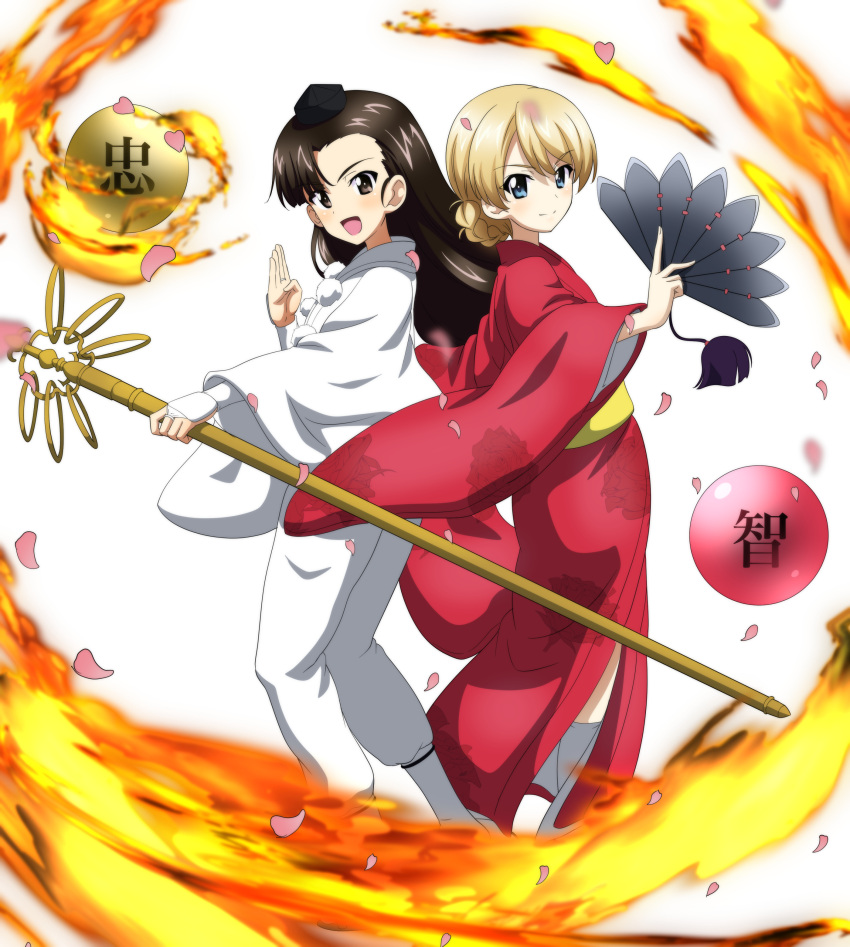2girls, absurdres, commission, commissioner_upload, cosplay, darjeeling_(girls_und_panzer), english_commentary, fire