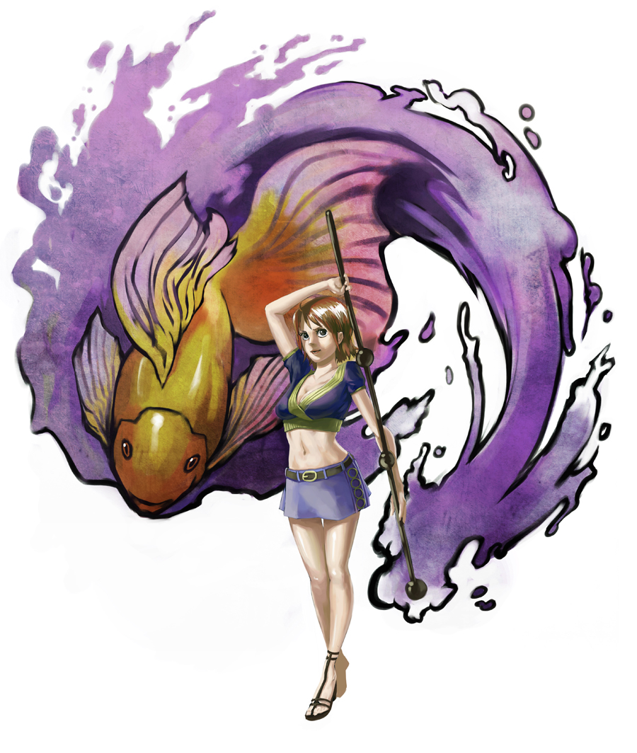 1girl, blue_skirt, brown_hair, fins, fish, holding, holding_staff, indigo_shirt, medium_hair, nami_(one_piece), nesskain, one_piece, shoes, short_sleeves, skirt, staff