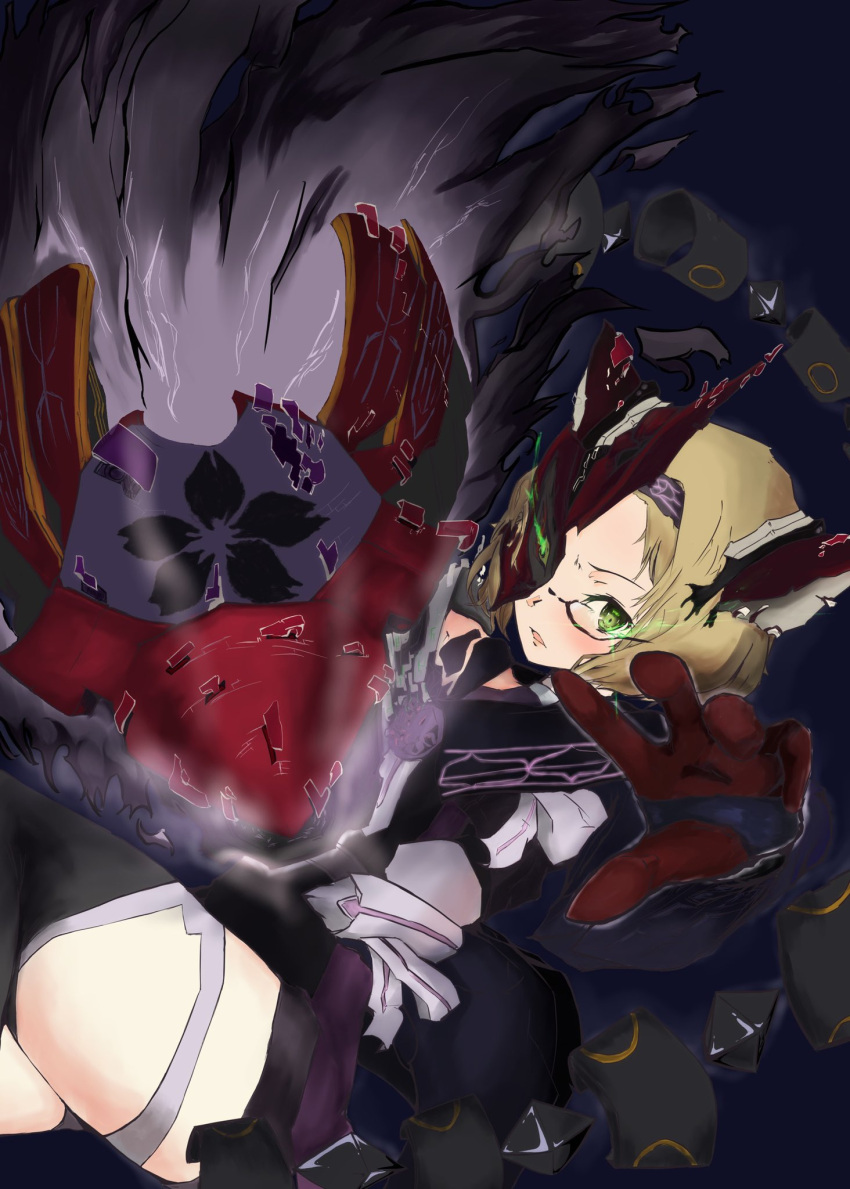 1girl, akihara_sekka, armor, black_thighhighs, blonde_hair, blue_background, bodysuit, broken