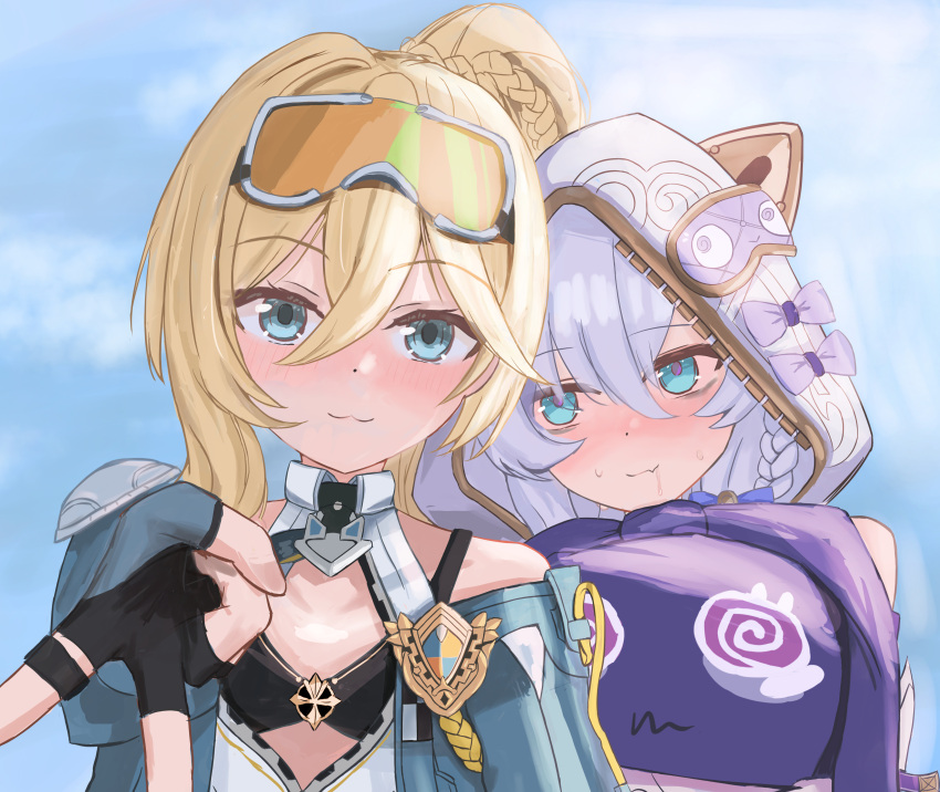 2girls, :3, absurdres, blonde_hair, blue_eyes, blue_sky, closed_mouth, clouds