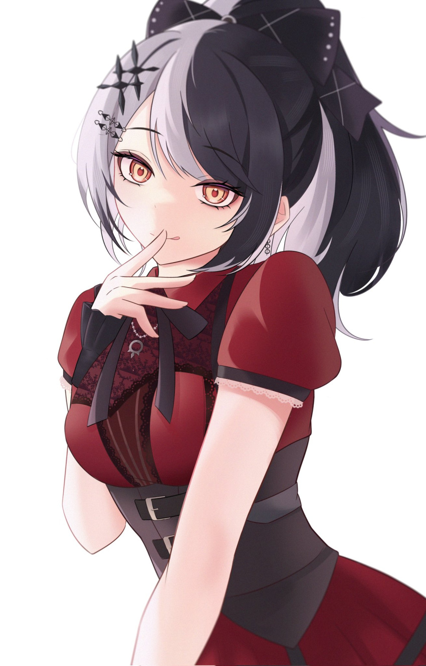 1girl, black_corset, black_hair, black_ribbon, closed_mouth, corset, cyan_2344, dress