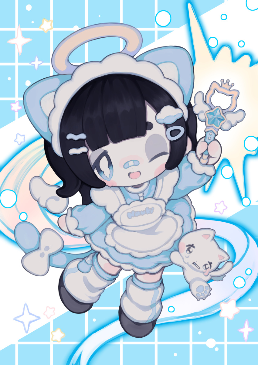 1girl, absurdres, angel_wings, animal_ears, apron, arm_up, bandaid, bandaid_on_face