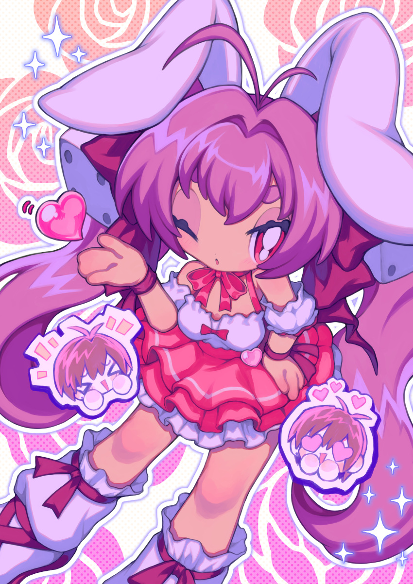 1girl, absurdres, animal_ears, antenna_hair, arm_up, blowing_kiss, bow, chibi