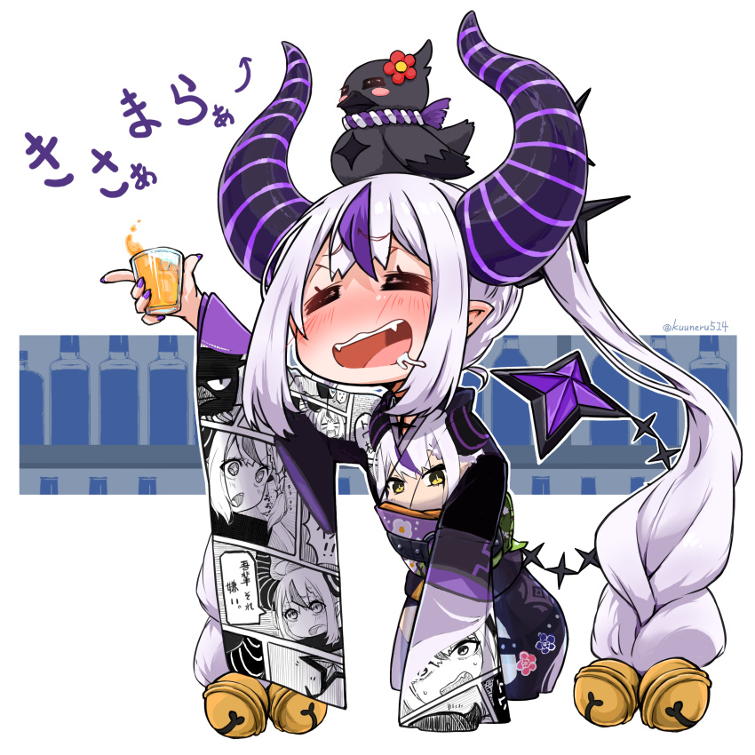 1girl, =_=, absurdres, animal_on_head, bell, bird, bird_on_head, black_horns