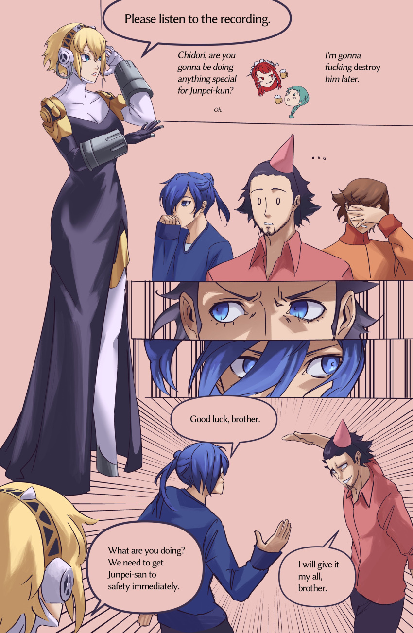 3boys, 3girls, absurdres, aigis_(persona), amada_ken, android, blonde_hair, blue_eyes