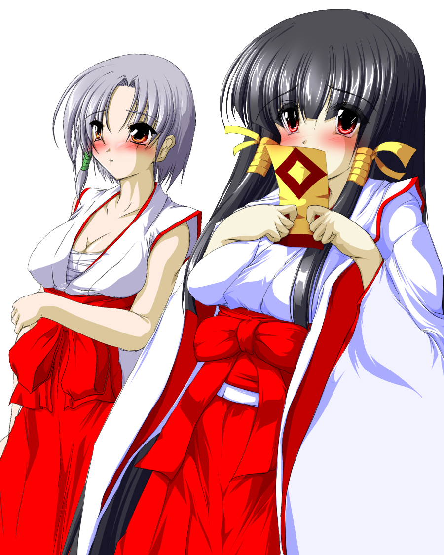 arcana_heart, black_hair, blush, breasts, cleavage, hair_ribbon, huge_breasts, japanese_clothes