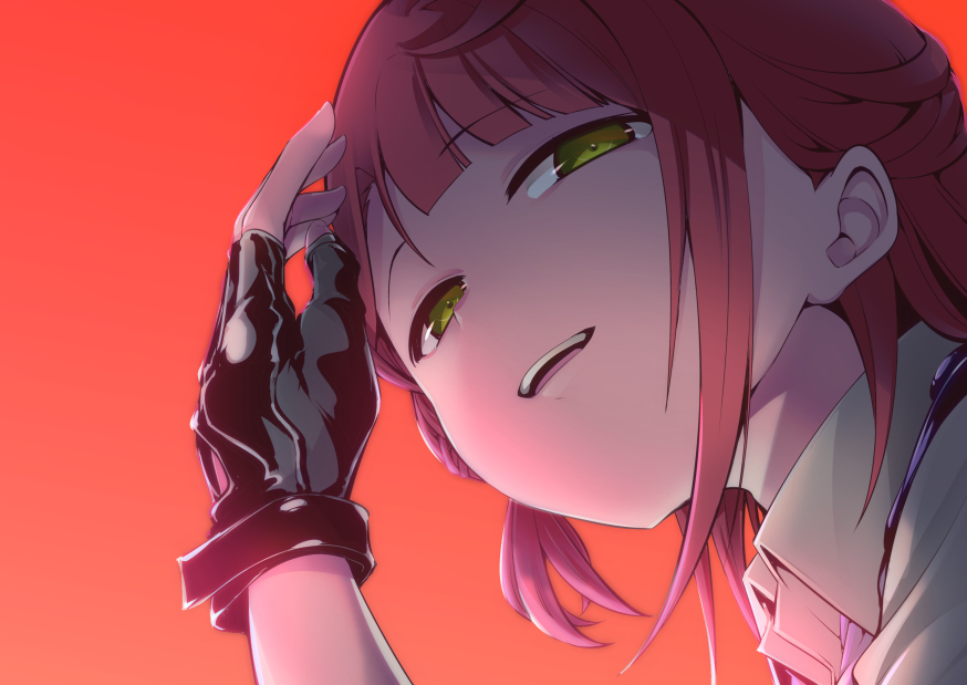 1girl, :d, black_gloves, blunt_bangs, break_the_system_(love_live!), bun_with_braided_base, chado, collared_shirt