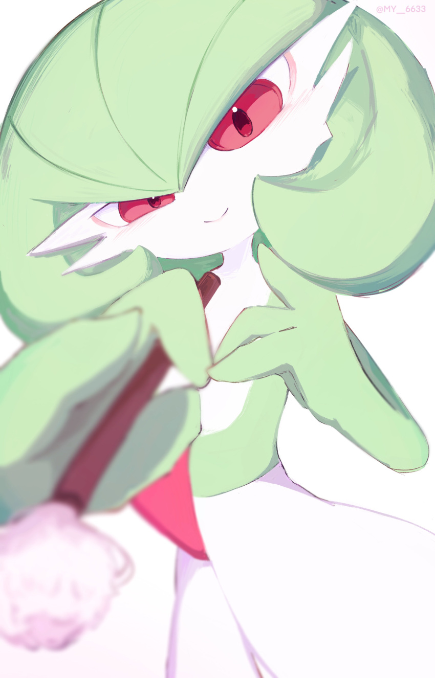 1girl, absurdres, applying_makeup_on_another, artist_name, blurry, blurry_foreground, blush, bob_cut, closed_mouth, colored_skin, commentary, depth_of_field, flat_chest, gardevoir, green_hair, green_skin, hair_between_eyes, hands_up, happy, head_tilt, highres, holding_makeup_brush, light_blush, looking_at_viewer, makeup_brush, multicolored_skin, my_(my_6633), outstretched_arm, pokemon, pokemon_(creature), red_eyes, short_hair, simple_background, smile, solo, standing, twitter_username, two-tone_skin, uneven_eyes, watermark, white_background, white_skin