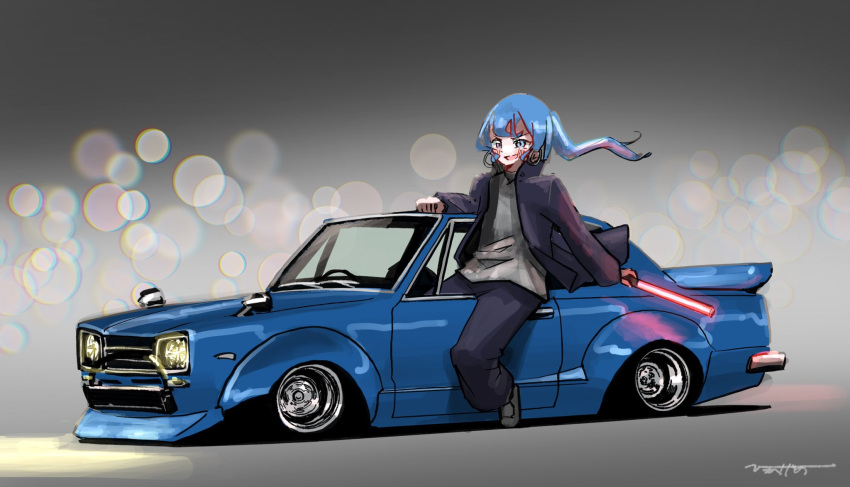 1girl, awake_(hoshimachi_suisei), black_hair, black_pants, blue_car, blue_eyes, blurry, blush