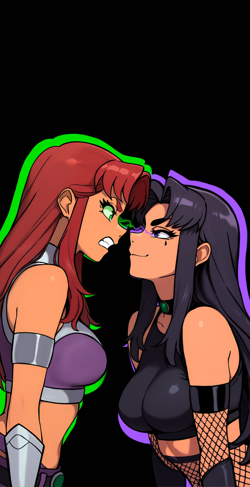 2girls, absurdres, black_background, black_choker, black_hair, blackfire, breasts, choker