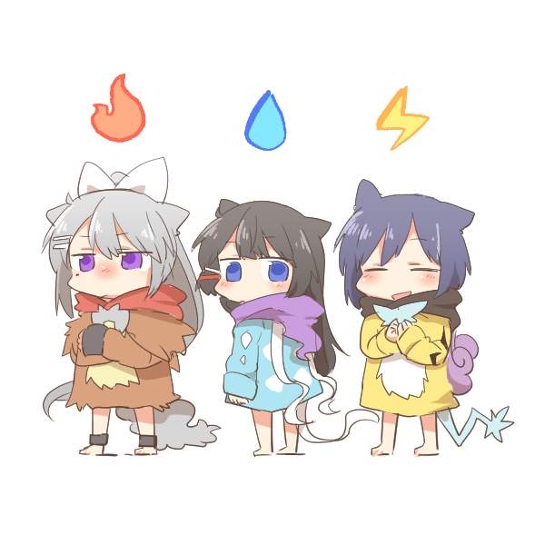 3girls, :d, animal_ears, barefoot, black_hair, blue_eyes, blush, chibi