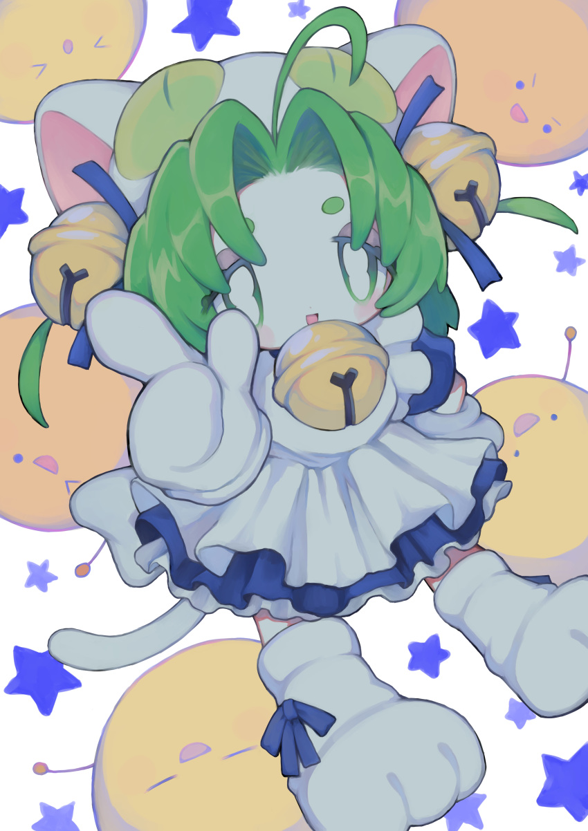 1girl, absurdres, ahoge, animal_ears, animal_feet, animal_hat, apron, bell