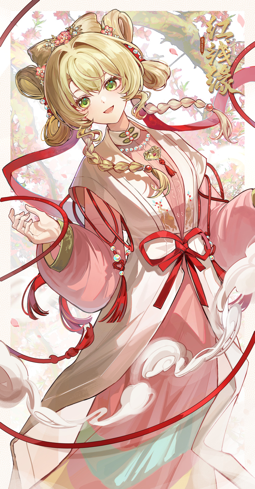 1girl, :d, absurdres, blonde_hair, braid, chinese_clothes, chinese_text, feet_out_of_frame
