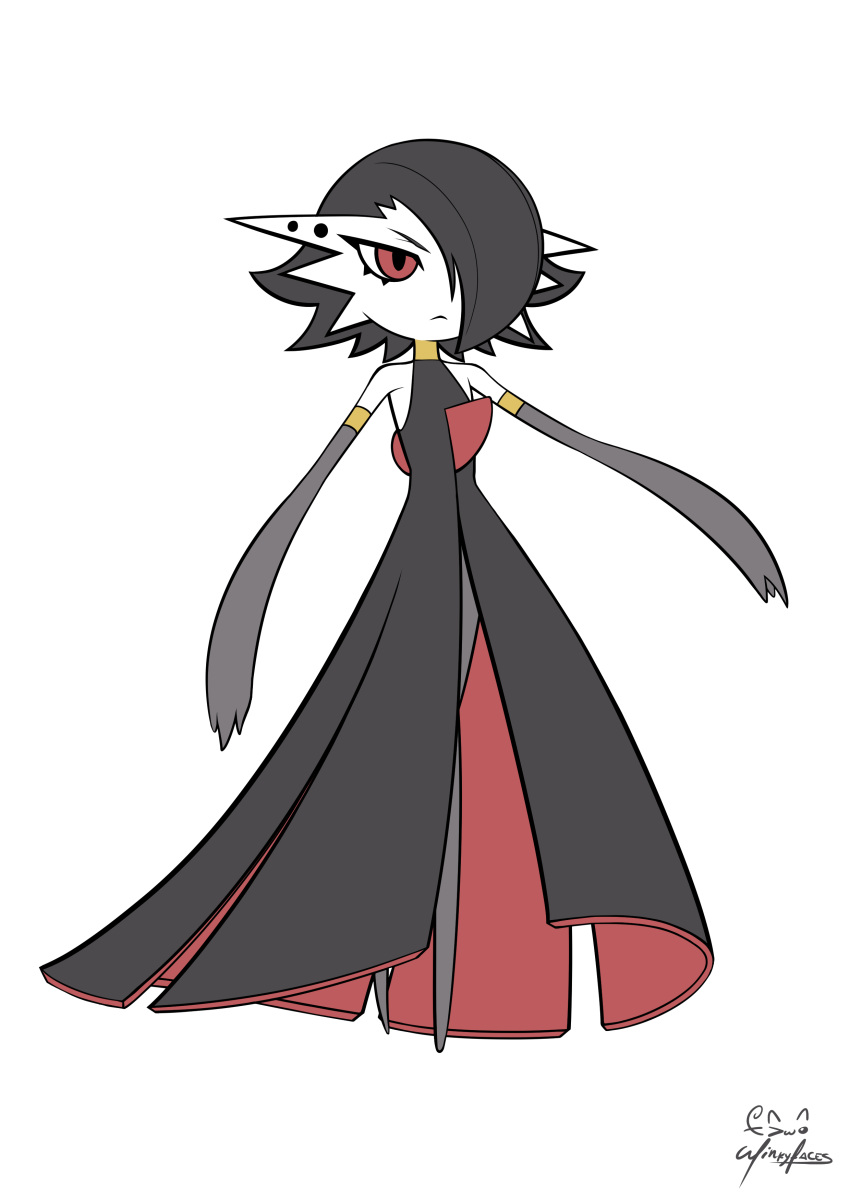 1girl, :<, absurdres, alternate_color, alternate_shiny_pokemon, artist_name, bare_shoulders, black_hair