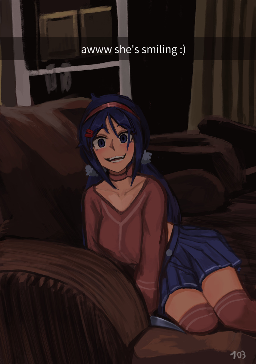 103anon, 1girl, blue_skirt, choker, commentary, couch, crazy_mita_(miside), crazy_smile