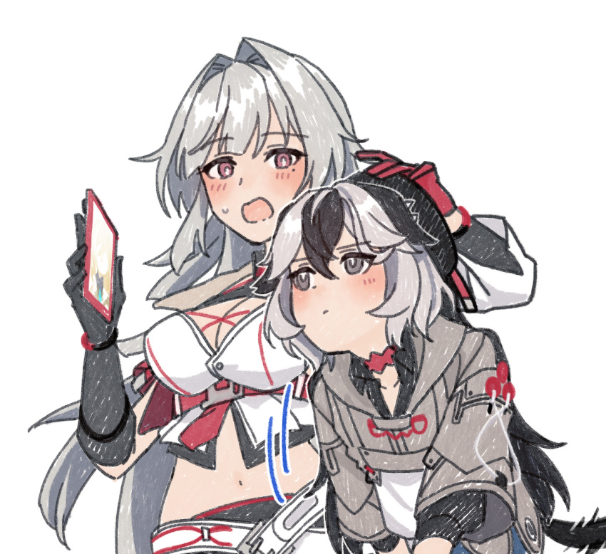 2girls, black_gloves, black_hair, blush, breasts, brown_eyes, brown_jacket, cellphone