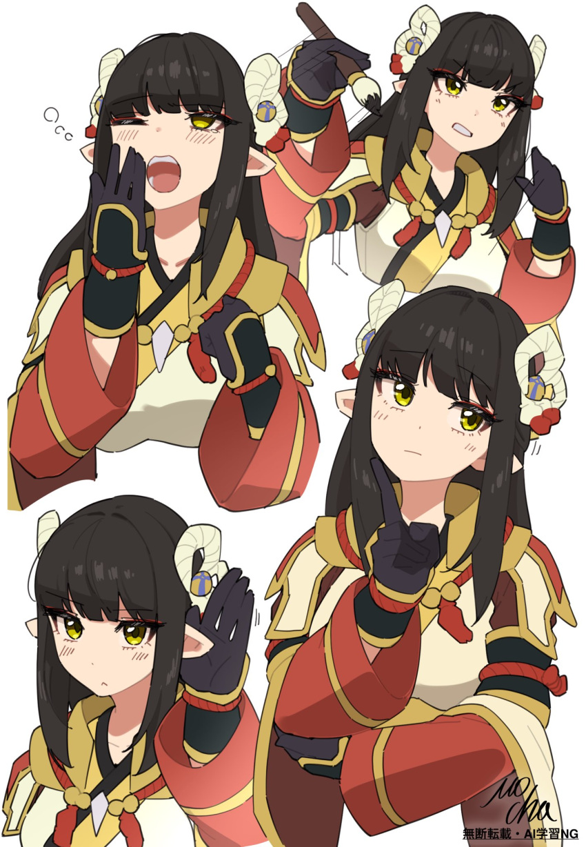 1girl, black_gloves, black_hair, blunt_bangs, blush, closed_mouth, commentary_request, gloves, highres, holding, holding_paintbrush, index_finger_raised, japanese_clothes, long_hair, minoto, mocha_mh, monster_hunter_(series), monster_hunter_rise, one_eye_closed, open_mouth, paintbrush, pointy_ears, signature, simple_background, white_background, yawning, yellow_eyes