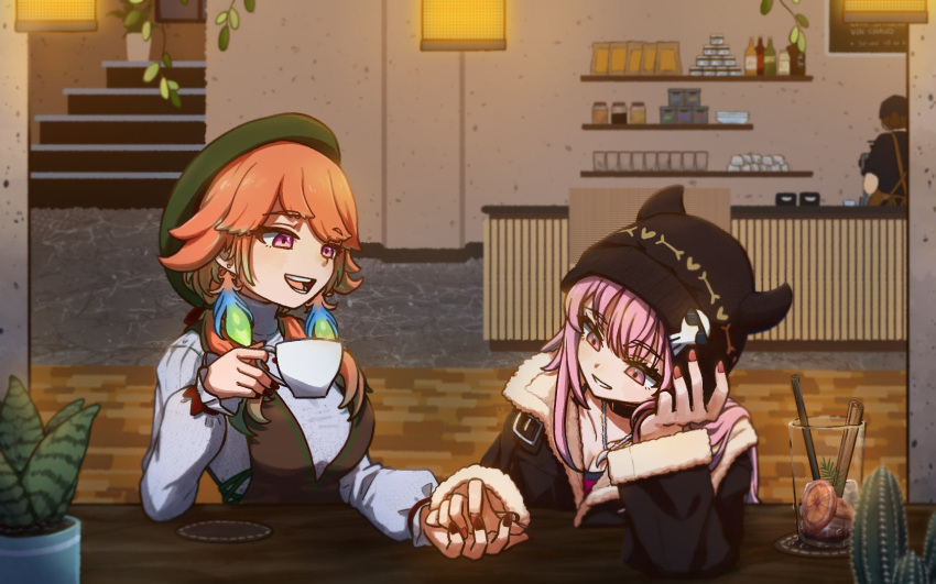 2girls, alternate_costume, blush, commentary, couple, ddas_di, earrings, english_commentary, feather_earrings, feathers, gradient_hair, green_hair, highres, holding_hands, hololive, hololive_english, jewelry, long_hair, mori_calliope, multicolored_hair, multiple_girls, official_alternate_costume, open_mouth, orange_hair, pink_hair, smile, takanashi_kiara, takanashi_kiara_(winter_casual), violet_eyes, virtual_youtuber, yuri