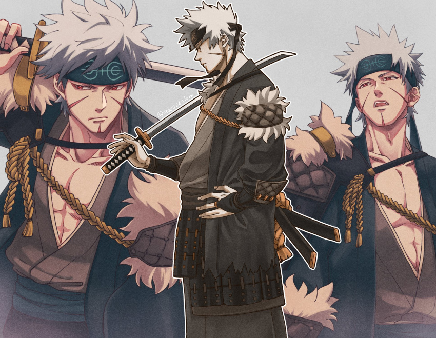 1boy, black_jacket, collarbone, commentary_request, grey_background, hand_on_own_hip, headband, highres