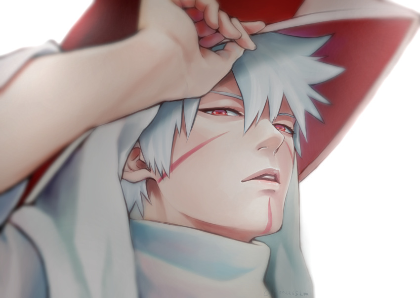 1boy, adjusting_clothes, adjusting_headwear, backlighting, hair_between_eyes, highres, japanese_clothes, kemu_(19002265km)