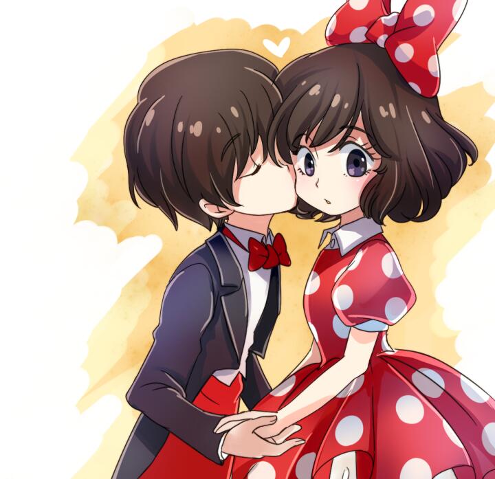 1boy, 1girl, animification, black_hair, blue_eyes, bow, bowtie, disney