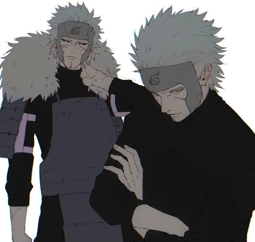 1boy, arm_behind_head, armor, black_sclera, black_shirt, colored_sclera, crossed_arms, fur_collar