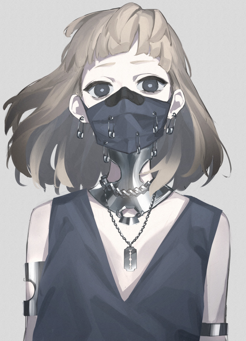 1girl, absurdres, bags_under_eyes, balance_(superdust), black_eyes, black_surgical_mask, bracer, brown_hair