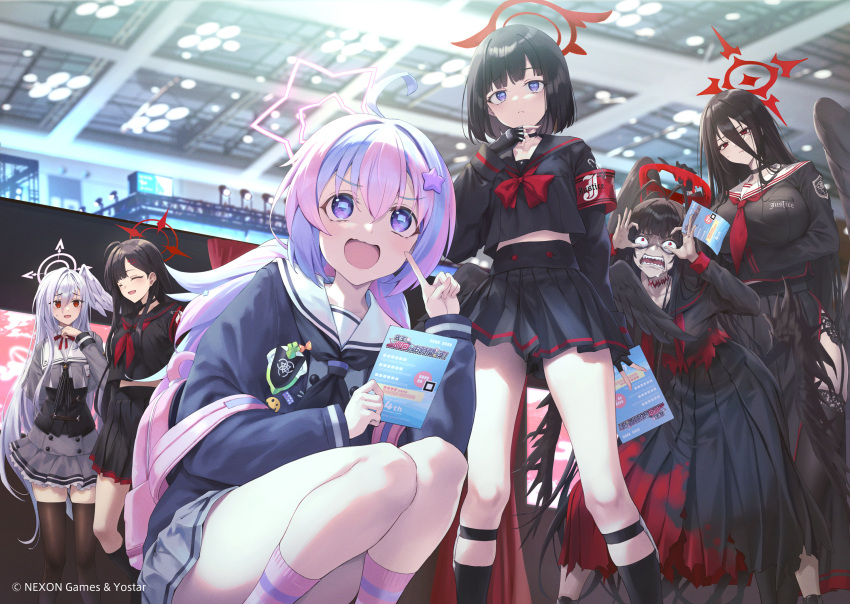 6+girls, black_hair, black_serafuku, black_skirt, black_wings, blue_archive, bob_cut, breasts