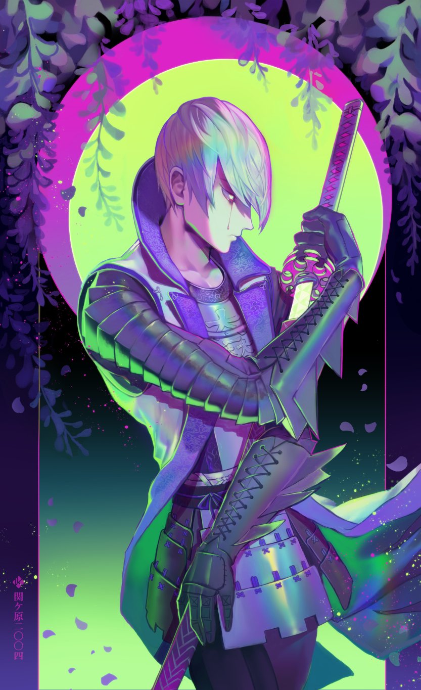 11t, 1boy, armor, blood, blood_from_eyes, cowboy_shot, frown, glowing, glowing_eyes, green_eyes, grey_hair, hair_between_eyes, highres, holding, holding_sword, holding_weapon, ishida_mitsunari_(sengoku_basara), japanese_armor, jinbaori, katana, looking_ahead, male_focus, sengoku_basara, sheath, short_hair, solo, sword, unsheathing, weapon