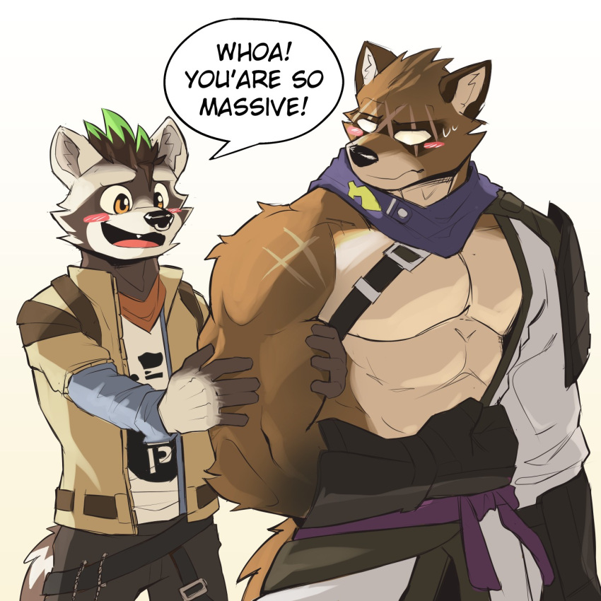 2boys, abs, animal_ears, bang_mono_okami, blush, brown_jacket, closed_mouth, colored_tips, cross_scar, english_commentary, english_text, facing_another, fang, fortnite, furry, furry_male, hajime_(fortnite), highres, holding_another's_arm, jacket, looking_at_another, male_focus, mohawk, multicolored_hair, multiple_boys, multiple_scars, muscular, muscular_male, neckerchief, nose_piercing, nose_ring, open_mouth, orange_neckerchief, pectorals, piercing, purple_scarf, raccoon_boy, raccoon_ears, raccoon_tail, rufus_(fortnite), scar, scar_across_eye, scar_on_face, scar_on_shoulder, scarf, speech_bubble, sweat, tail, white_background