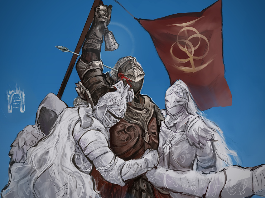 1boy, 1girl, 2024_attempted_assassination_of_donald_trump, 2others, absurdres, ambiguous_gender, arm_up, armor, arrow_(projectile), arrow_in_body, arrow_in_head, banished_knight, bell, black_knife_tiche, bloody_wolf_(elden_ring), blue_background, commentary, couter, covered_face, elden_ring, elden_ring_(object), english_commentary, flag, fur_trim, gauntlets, helm, helmet, highres, holding, holding_bell, hood, hood_up, hug, luo_ta_(user_ywpn7542), meme, mimic_tear_(elden_ring), multiple_others, object_through_head, photo-referenced, pole, red_flag, tarnished_(elden_ring), visor_(armor)