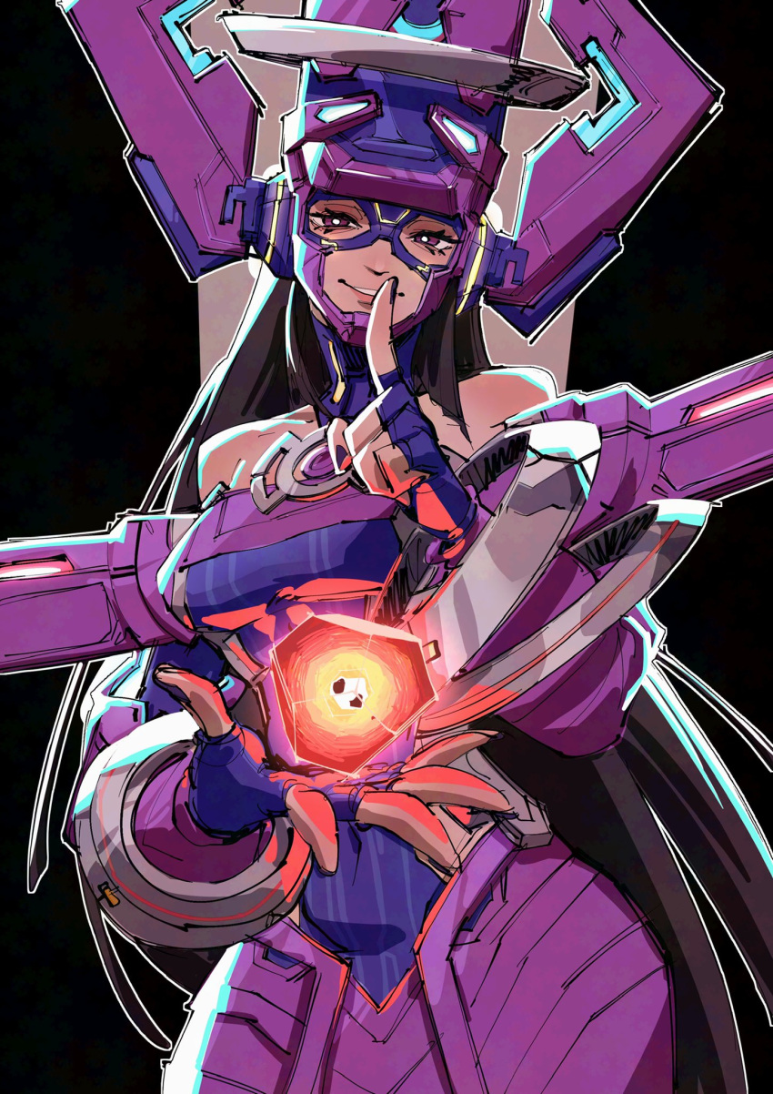 1girl, bare_shoulders, black_hair, breasts, fantastic_four, fingerless_gloves, galacta, gloves