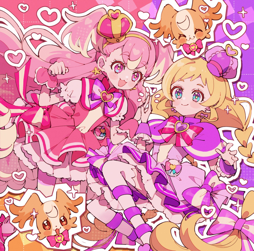 2girls, :3, absurdly_long_hair, blonde_hair, blue_eyes, bow, braid, brooch, cabbie_hat, capelet, closed_mouth, crown, cure_friendy, cure_wonderful, dog, dress, flat_chest, floating, floating_hair, full_body, hand_up, hat, heart, heart_brooch, highres, holding_hands, inukai_iroha, inukai_komugi, inukai_komugi_(dog), jewelry, kannagi6, long_hair, looking_at_another, magical_girl, mini_hat, multicolored_hair, multiple_girls, open_mouth, outline, pantyhose, petticoat, pink_background, pink_bow, pink_crown, pink_dress, pink_eyes, pink_hair, pink_pantyhose, pink_wrist_cuffs, precure, puffy_short_sleeves, puffy_sleeves, purple_background, purple_bow, purple_capelet, purple_dress, purple_footwear, purple_wrist_cuffs, shoes, short_sleeves, sleeveless, sleeveless_dress, smile, striped_clothes, striped_pantyhose, tareme, thigh-highs, twin_braids, two-tone_background, two-tone_hair, two_side_up, very_long_hair, white_outline, white_thighhighs, wonderful_precure!, wrist_cuffs, yellow_pupils