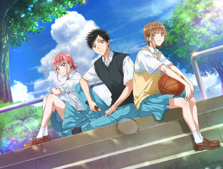 1boy, 2girls, ao_no_hako, aqua_pants, aqua_skirt, badminton_racket, ball, basketball_(object)