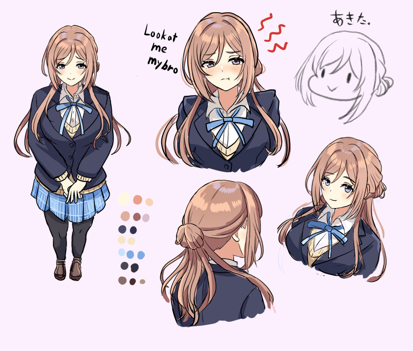 1girl, :t, absurdres, black_pantyhose, blazer, blue_jacket, blue_ribbon, blue_skirt, blush, brown_hair, color_guide, commentary_request, gakuen_idolmaster, hatsuboshi_gakuen_school_uniform, highres, himesaki_rinami, idolmaster, jacket, latte_(a_nextsystem), multiple_views, neck_ribbon, pantyhose, ribbon, school_uniform, shirt, simple_background, skirt, smile, sweater, white_shirt, yellow_sweater