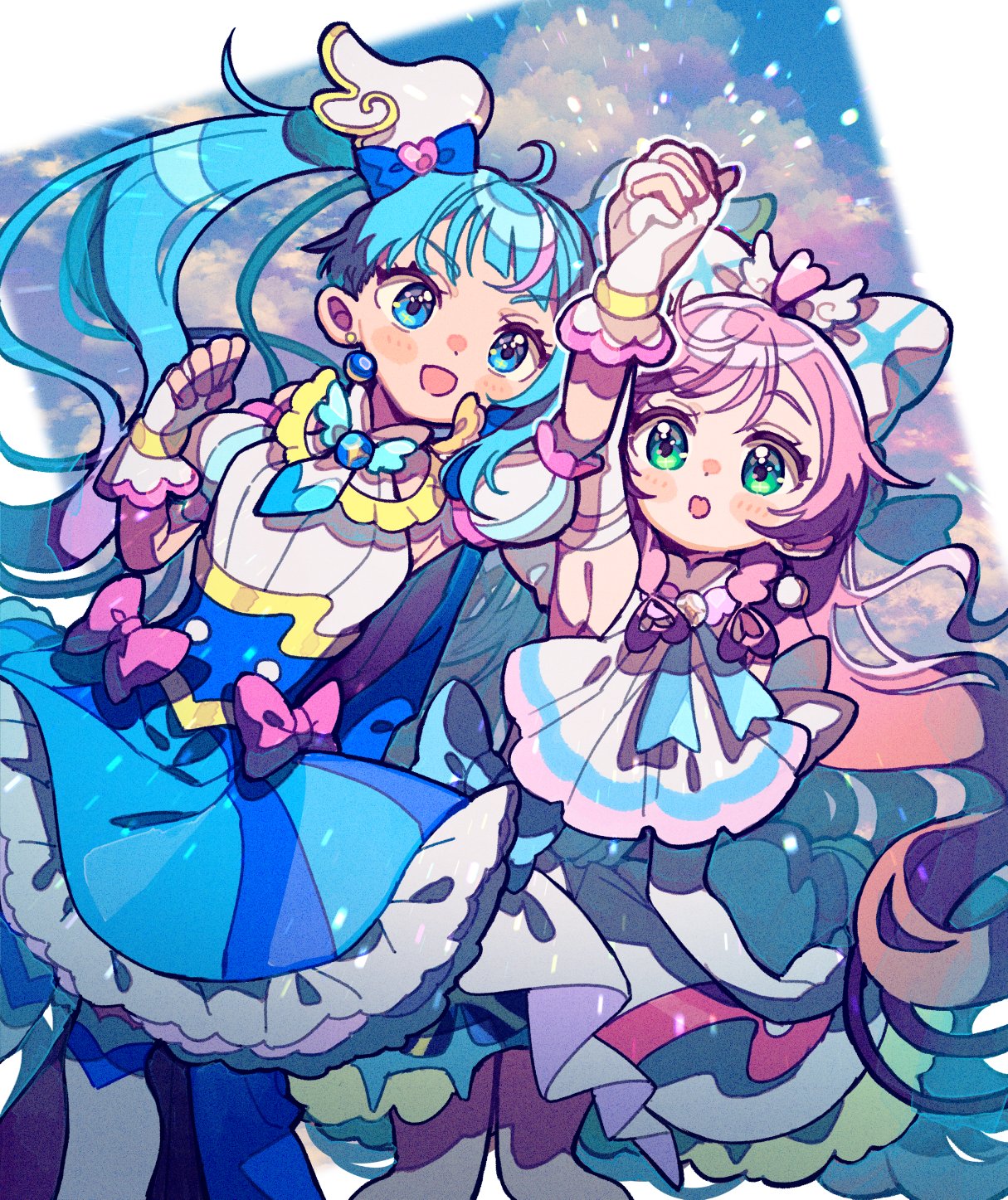 2girls, blue_bow, blue_dress, blue_eyes, blue_hair, blue_sky, bow, breasts