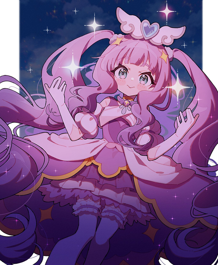 1girl, :>, absurdly_long_hair, blue_eyes, closed_mouth, clouds, cowboy_shot, cure_majesty