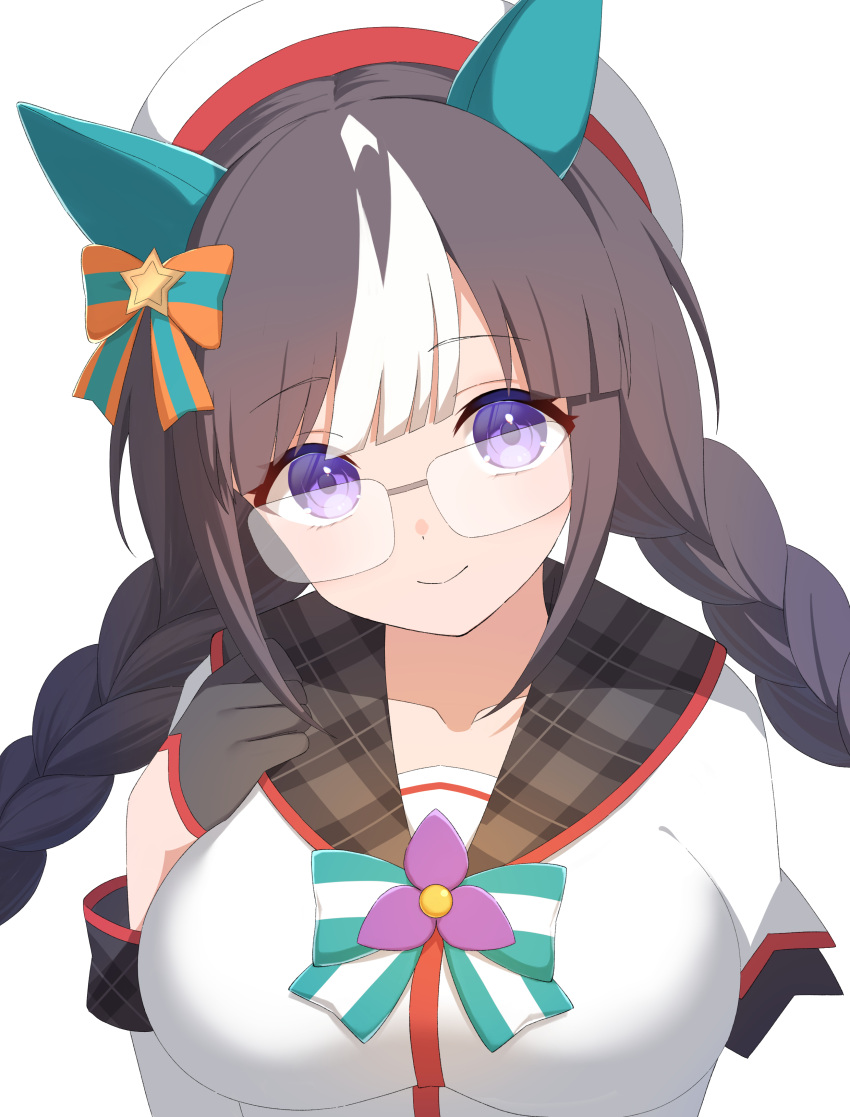 1girl, absurdres, animal_ears, astroglia_cyte, beret, bespectacled, black_gloves, black_hair