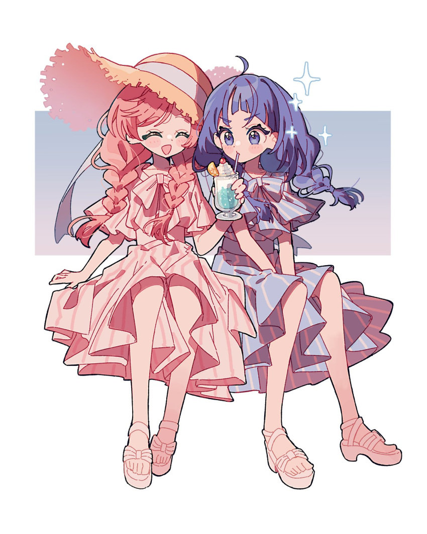 2girls, ahoge, blue_dress, blue_hair, braid, closed_eyes, closed_mouth, dress