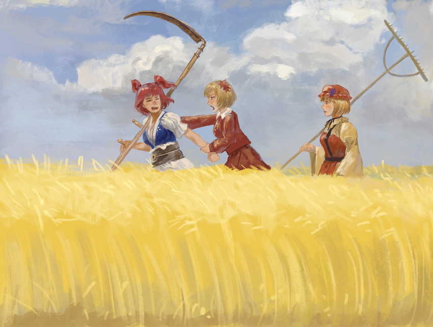 3girls, aki_minoriko, aki_shizuha, amibazh, black_sash, blue_sky, blue_vest, closed_eyes, clouds, coin, coin_on_string, collared_shirt, commentary_request, day, grape_hat_ornament, hair_ornament, hat, holding, holding_another's_wrist, holding_rake, holding_scythe, leaf_hair_ornament, long_sleeves, looking_at_another, mob_cap, multiple_girls, obi, obijime, onozuka_komachi, open_mouth, orange_hat, outdoors, rake, red_hair, red_shirt, red_skirt, sash, scythe, shirt, short_hair, short_sleeves, skirt, sky, touhou, two_side_up, upper_body, vest, wheat_field, white_shirt