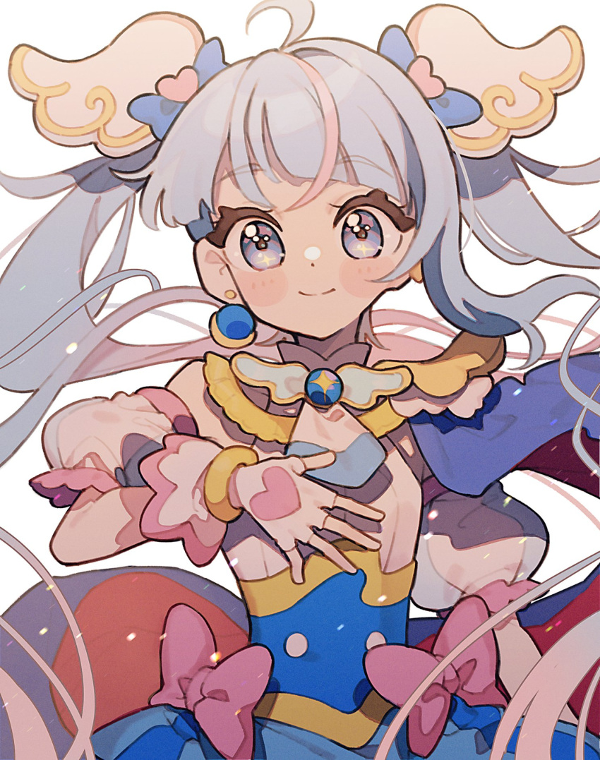 1girl, ahoge, blue_cape, blue_dress, blue_eyes, blue_hair, cape, closed_mouth, cure_sky, detached_sleeves, dress, earrings, fingerless_gloves, flat_chest, floating_hair, gloves, hand_on_own_chest, highres, hirogaru_sky!_precure, jewelry, kannagi6, long_hair, magical_girl, multicolored_hair, pink_hair, pink_streaks, precure, puffy_short_sleeves, puffy_sleeves, short_sleeves, simple_background, smile, solo, sora_harewataru, streaked_hair, twintails, two-tone_hair, upper_body, white_background, white_gloves, wing_hair_ornament