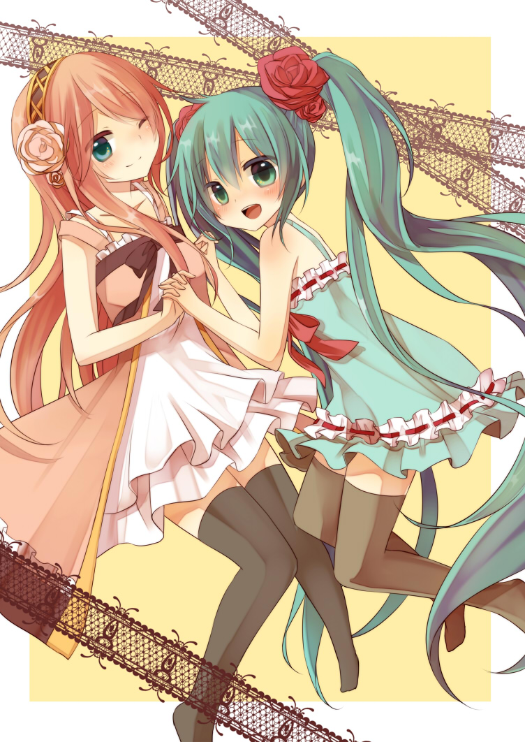 :d, aqua_eyes, aqua_hair, blush, dress, flower, green_eyes, hair_flower