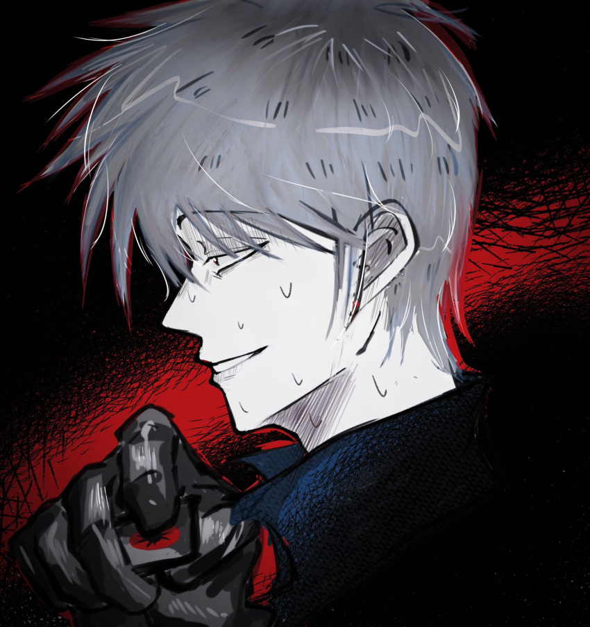 1boy, akagi:_yami_ni_oritatta_tensai, akagi_shigeru, black_background, black_eyes, black_gloves, blue_shirt, collared_shirt, colored_skin, commentary, english_commentary, from_side, fukumoto_mahjong, gloves, grey_hair, grin, highres, holding, holding_mahjong_tile, looking_afar, mahjong_tile, male_focus, portrait, profile, red_background, shirt, short_hair, showstyle, smile, solo, sweat, white_skin