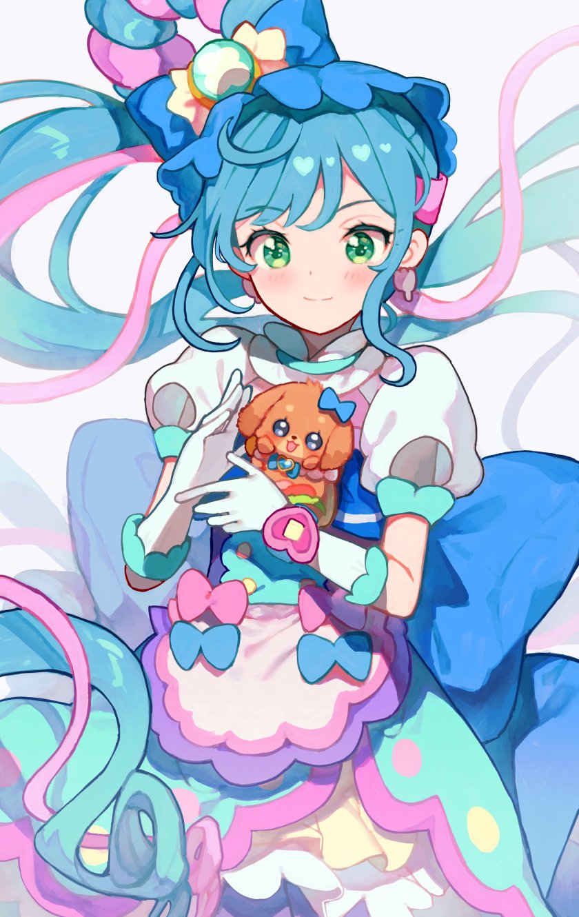 1girl, animal, apron, blue_bow, blue_dress, blue_hair, bow, closed_mouth, collared_dress, cowboy_shot, cure_spicy, delicious_party_precure, dog, dress, earrings, eyelashes, flat_chest, floating_hair, fuwa_kokone, gloves, green_eyes, hair_bow, highres, holding, holding_animal, jewelry, kannagi6, layered_dress, light_blush, long_hair, looking_at_animal, magical_girl, multicolored_hair, pam-pam_(precure), pink_hair, pink_streaks, precure, puffy_short_sleeves, puffy_sleeves, round_collar, short_sleeves, simple_background, smile, solo, standing, standing_on_one_leg, streaked_hair, very_long_hair, waist_apron, white_apron, white_background, white_gloves