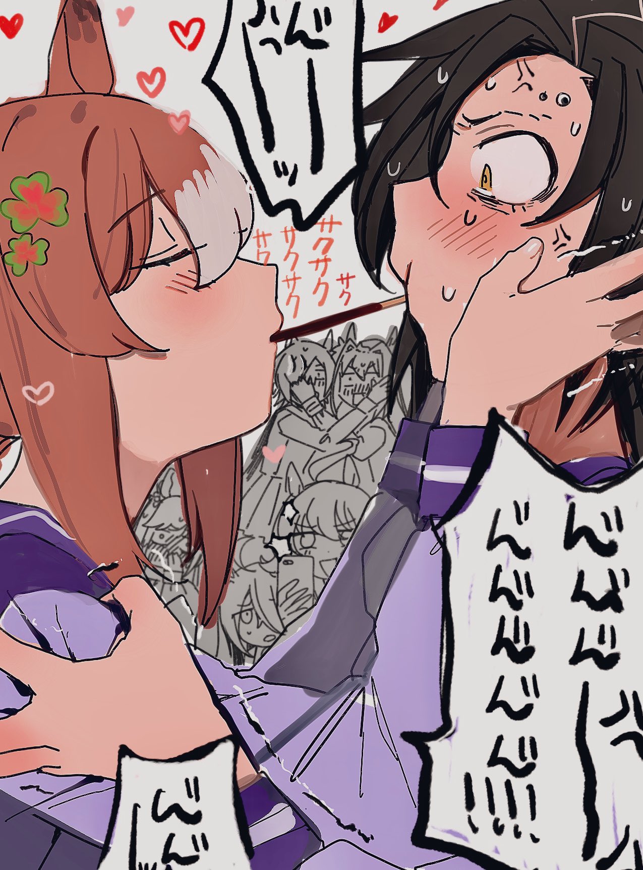 6+girls, agnes_digital_(umamusume), agnes_tachyon_(umamusume), air_shakur_(umamusume), anger_vein, animal_ears, black_hair, blush, brown_hair, camera_flash, cellphone, chibi, chibi_inset, closed_mouth, clover_hair_ornament, commentary_request, daiwa_scarlet_(umamusume), embarrassed, eyebrow_piercing, facing_another, fine_motion_(umamusume), food, hair_ornament, hands_on_another's_face, heart, highres, horse_ears, horse_girl, imminent_kiss, long_sleeves, manhattan_cafe_(umamusume), medium_hair, multicolored_hair, multiple_girls, phone, piercing, pocky, pocky_kiss, purple_shirt, school_uniform, shirt, smartphone, speech_bubble, sumirebatake, sweat, taking_picture, tracen_school_uniform, trembling, two-tone_hair, umamusume, upper_body, vodka_(umamusume), wide-eyed, winter_uniform, yellow_eyes, yuri