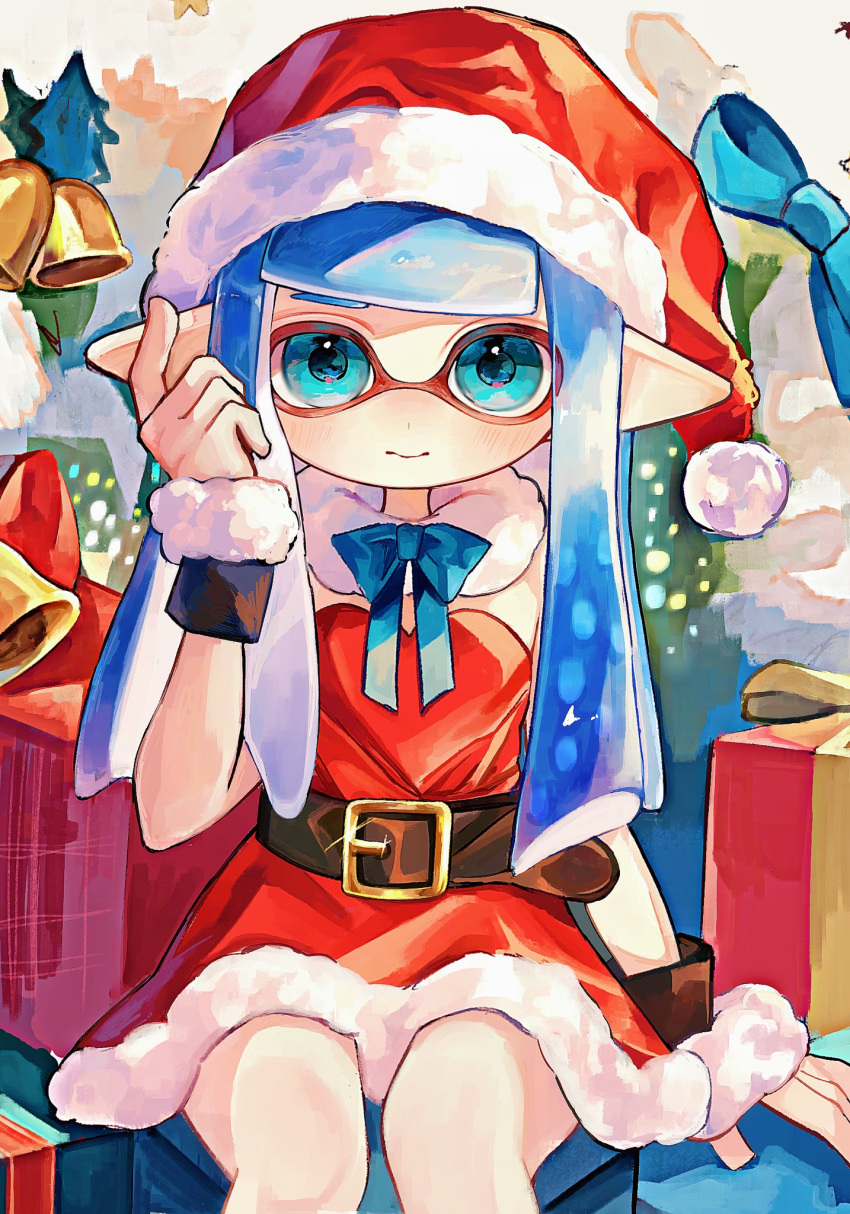 1girl, belt, belt_buckle, black_belt, black_wrist_cuffs, blue_bow, blue_bowtie, blue_eyes