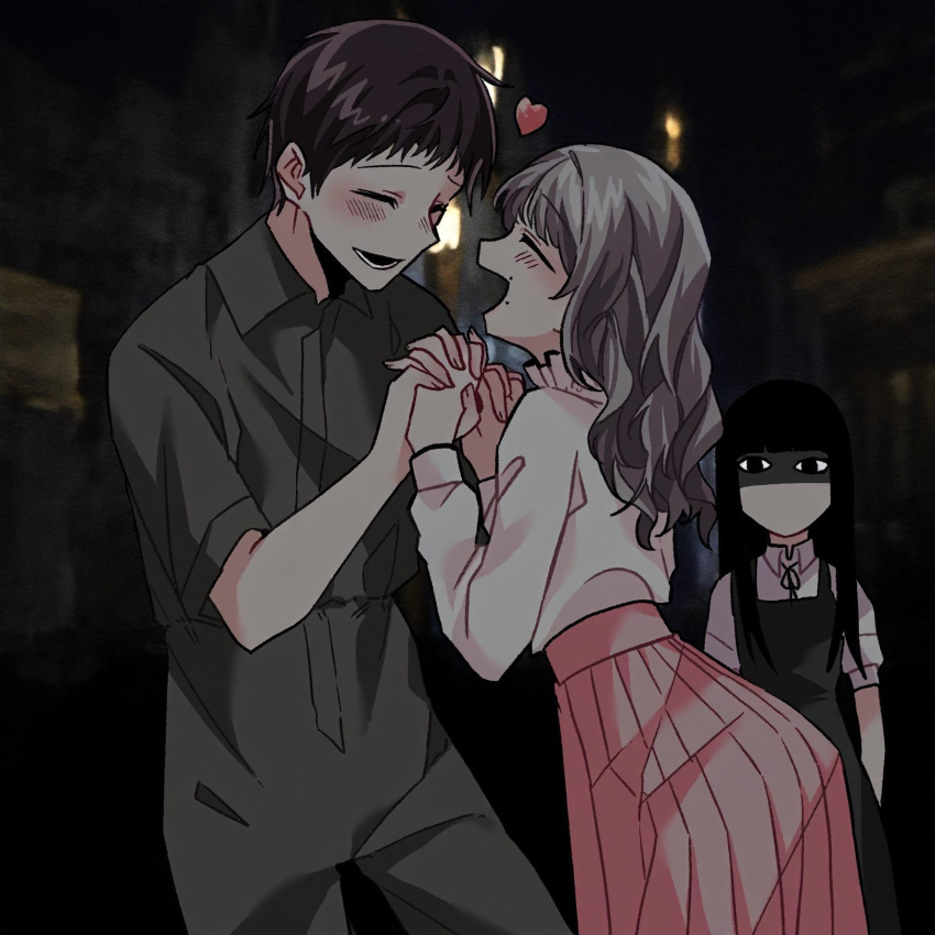 1boy, 2girls, black_dress, black_hair, black_ribbon, blush, brown_hair, closed_eyes