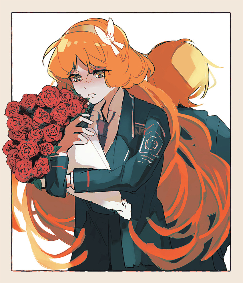 2girls, back-to-back, black_jacket, blonde_hair, blush, bouquet, bow, collared_shirt, cowboy_shot, don_quixote_(project_moon), flower, freckles, frown, green_eyes, hair_bow, hairband, highres, holding, holding_bouquet, ishmael_(project_moon), jacket, lapels, limbus_company, long_hair, multiple_girls, nakame77, necktie, orange_hair, project_moon, red_flower, red_rose, rose, shirt, very_long_hair, yuri